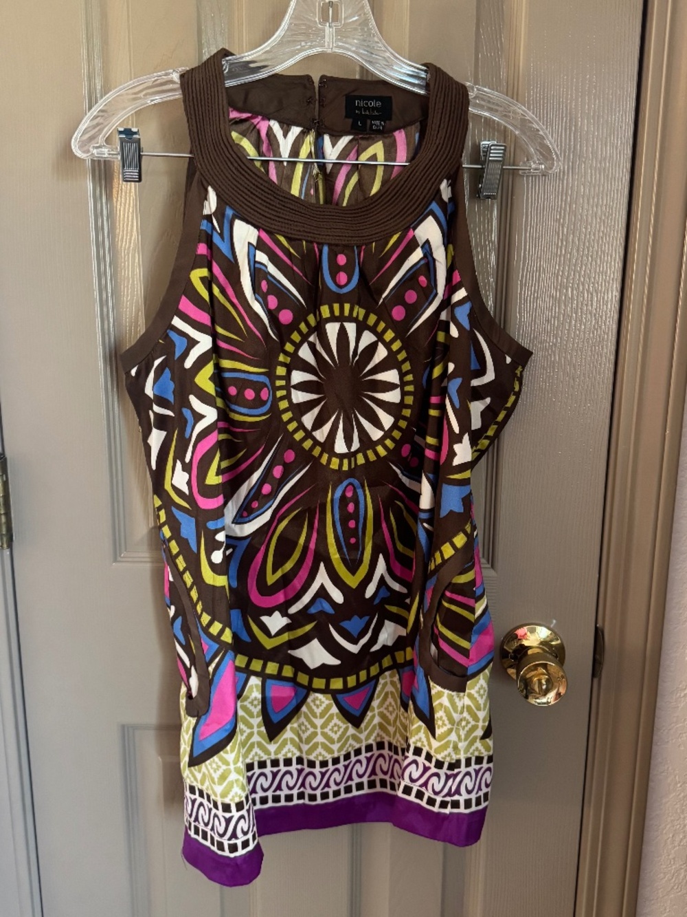 Nicole brown mandala satin tank tunic Sz L